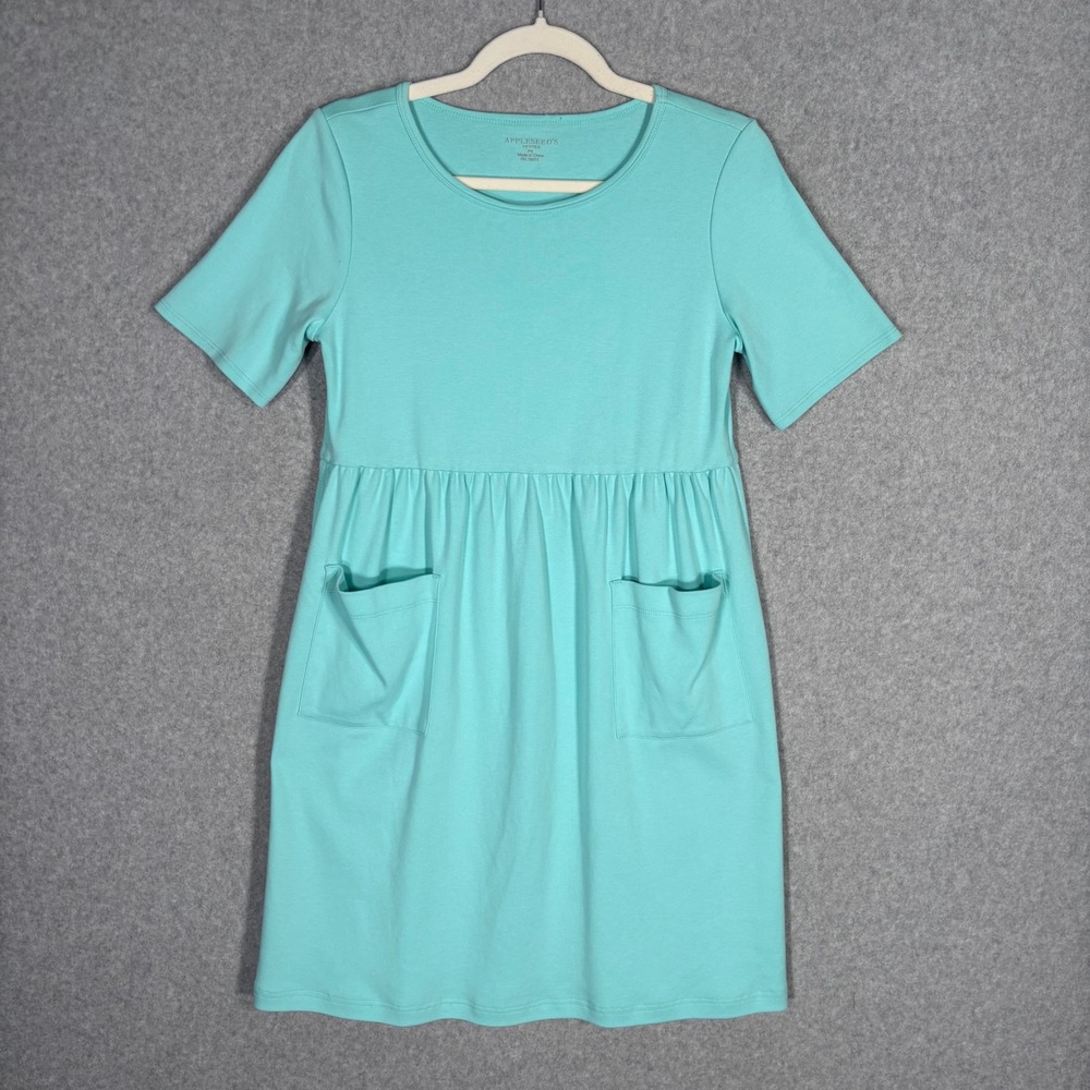 Appleseeds Babydoll T Shirt Mini Dress PS Aqua Blue Knit Pleated Pocket Comfort
